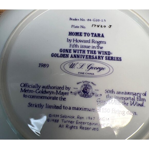 Gone With The Wind Collector Plate "Home To Tara" 1989 By Howard Rogers W.S. Geo - Picture 3 of 3